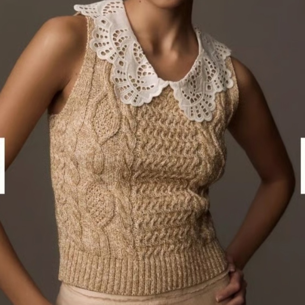 Anthropologie Beige Cable-Knit Sleeveless Sweater Vest with Eyelet Collar